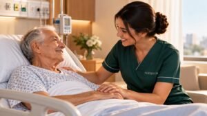 Pessoa idosa recebendo companhia durante uma internação hospitalar.