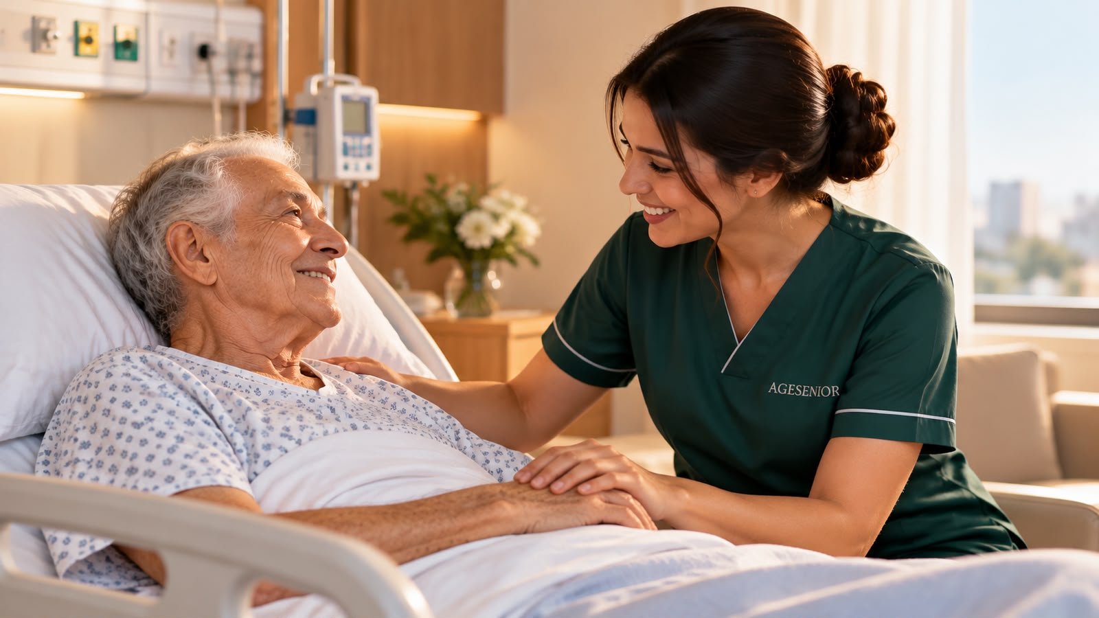 Pessoa idosa recebendo companhia durante uma internação hospitalar.