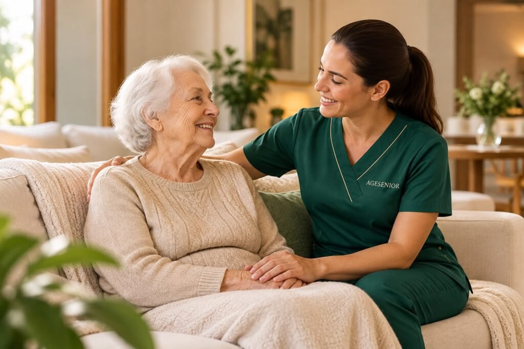 Cuidadora da Agesênior de uniforme verde conversando com uma idosa no sofá de casa
