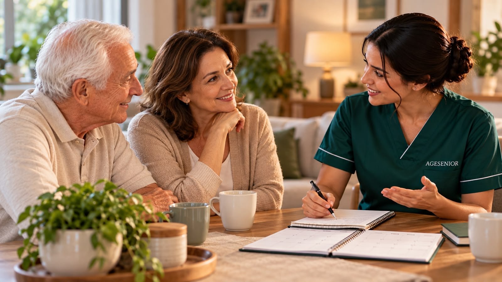 Família planejando horários e condições do atendimento de cuidador de idosos.